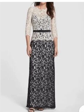 Tadashi Shoji Black and Ivory Lace Maxi Dress